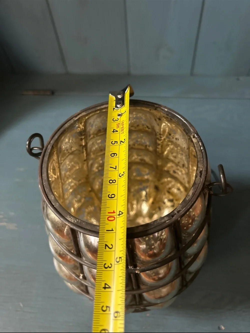 Vintage-Style Gold Mercury Glass Lantern with Wire Cage | 8” Tall